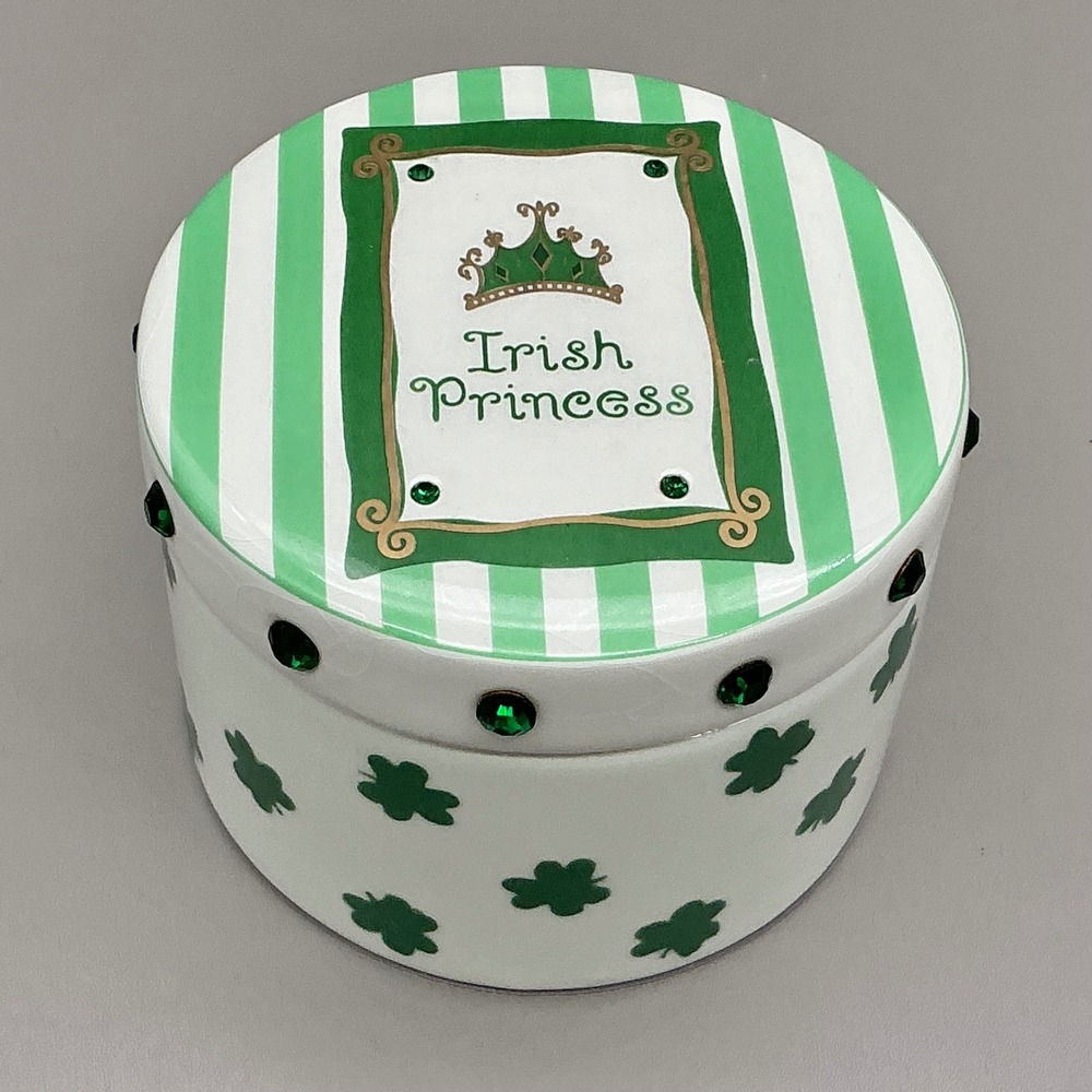 Irish Princess Trinket Box Ceramic Shamrock Green Rhinestone St Patricks 4"